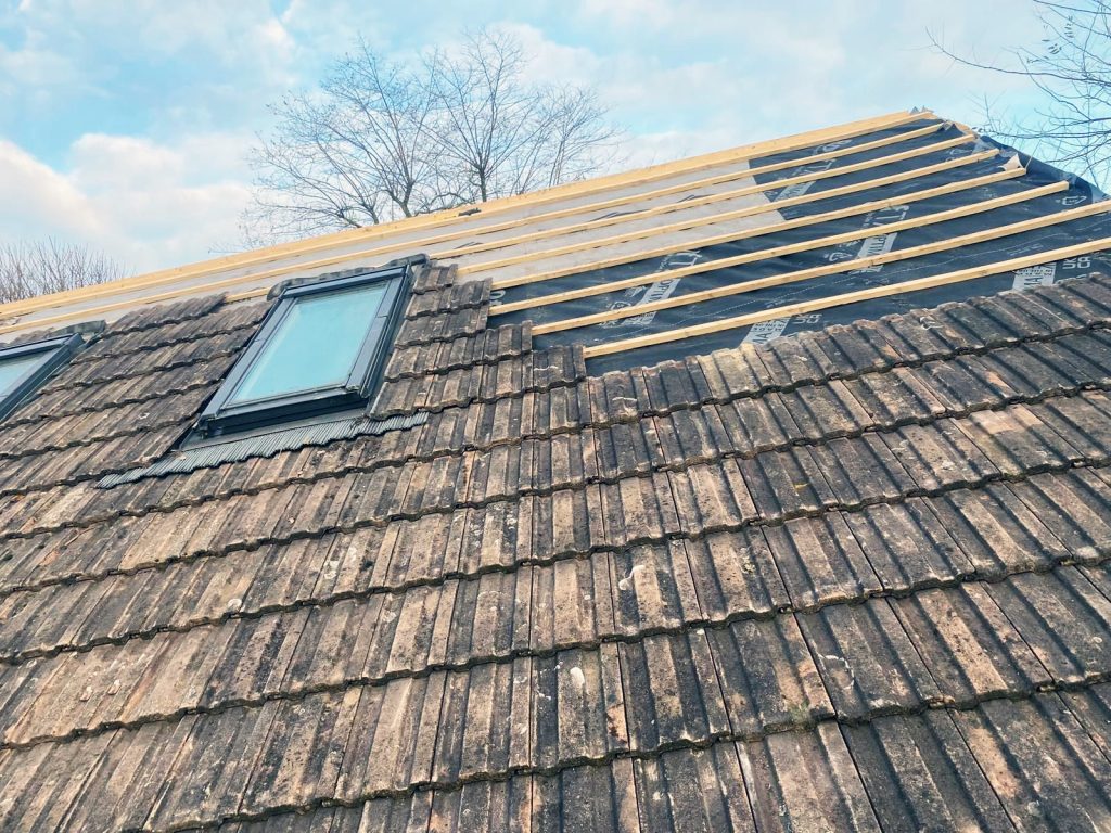 Pitched roof with newly installed battens and skylights during a roofing project in Blackheath.